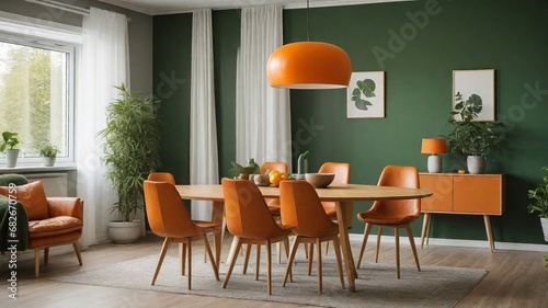 Scandinavian Elegance  Orange Leather Chairs And Round Dining Table Against Green Wall - Stylish Interior Design Trend