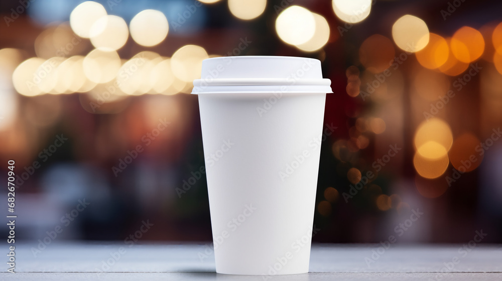 paper cup with blurry christmas background, AI Generative. paper cup with blurry christmas background, AI Generative.