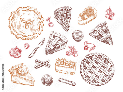Hand-drawn vintage set of traditional cakes, tarts and pies sketch. Sweet bakery. Top view. Vector collection of ink baking illustration. Food for Thanksgiving, Christmas.