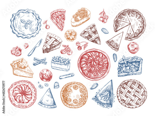 Hand-drawn vintage set of traditional cakes, tarts and pies sketch. Sweet bakery, fruit, berries. Top view. Vector collection of ink baking illustration. Food for Thanksgiving, Christmas.