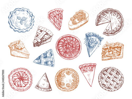 Hand-drawn vintage set of traditional cakes, tarts and pies sketch. Sweet bakery, fruit, berries. Top view. Vector collection of ink baking illustration. Food for Thanksgiving, Christmas.