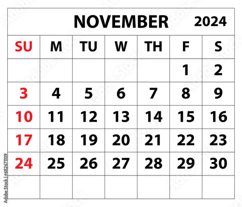 2024 November month calendar Color vector illustrator calendar design. 