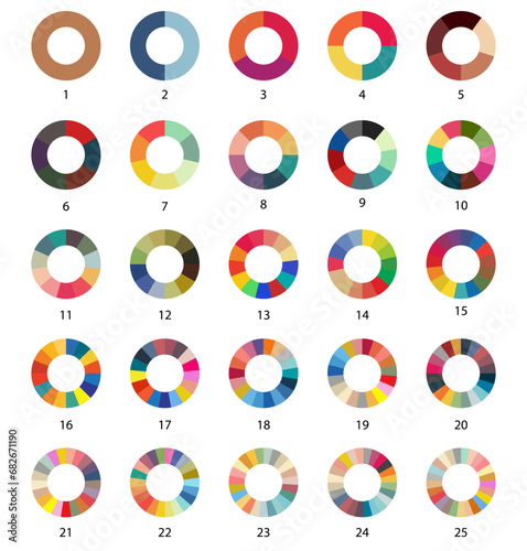 Chart segments collection. Sections and slices pack. Vector illustration. Fractions Pie Geometry Mathematical Vector Illustration. Circles divided into parts from 1 to 24. 