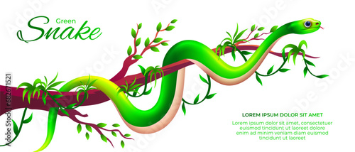 Cartoon green snake on branch of tree vector illustration
