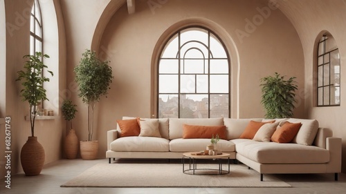 Loft Elegance: Modern Living Room with Beige Sofa, Terra Cotta Pillows, and Arched Window - Trendsetting Interior Design © Khuram Ibn Sabir