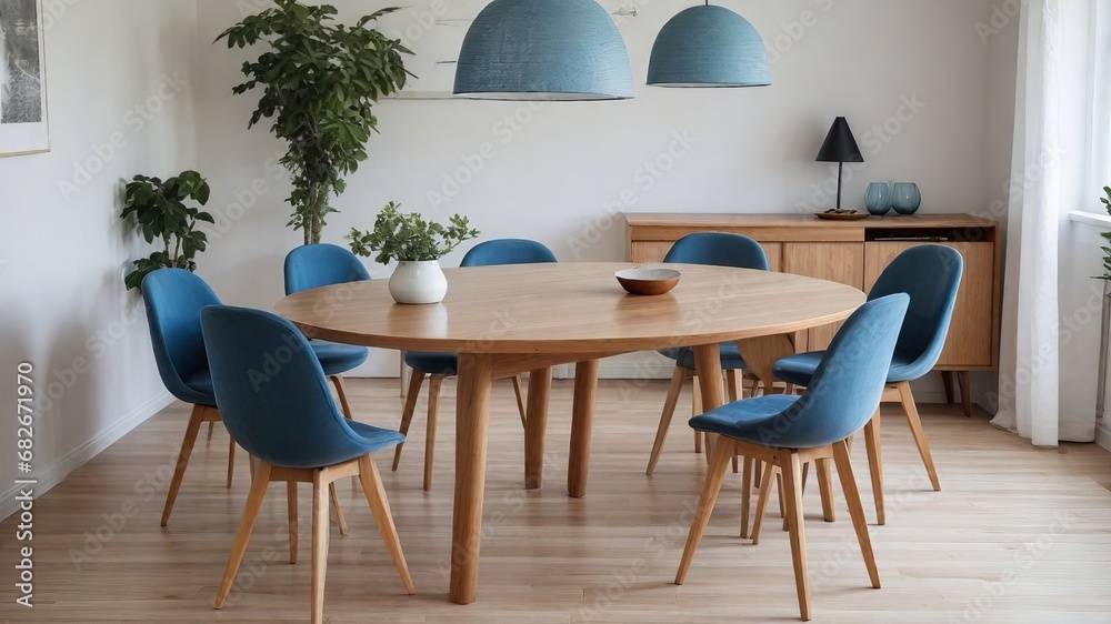 Timeless Appeal: Round Wooden Dining Table with Blue Chairs in a Scandinavian Mid-century Dining Room - Trendsetting Interior Design Timeless Appeal: Round Wooden Dining Table with Blue Chairs in a Scandinavian Mid-century Dining Room - Trendsetting Interior Design