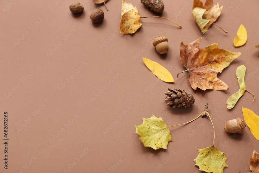 Autumn leaves with acorns on brown background