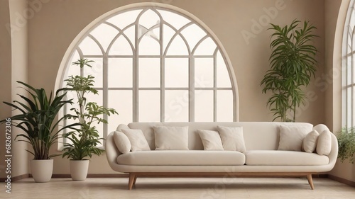 Simple Elegance  White Sofa  Potted Houseplants  and Arched Window in a Minimalist Living Room - Contemporary Interior Design Inspiration