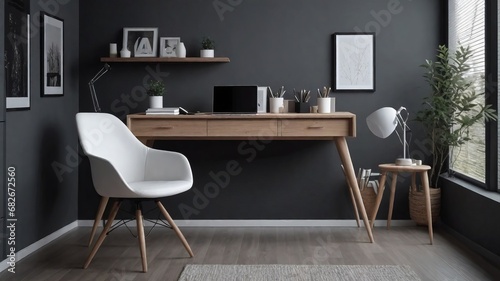Comfortable Home Office: White Chair and Wooden Drawer Against Dark Grey Wall - Modern Scandinavian Interior Design