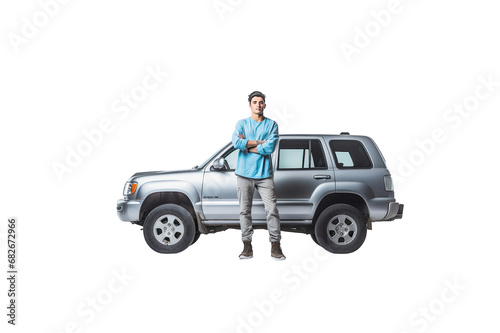 Full body view of young man leaning on SUV isolated on transparent background.