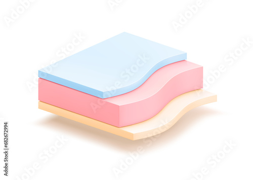 Realistic colour three-layer material. Great base for infographics. Vector illustration isolated on white background. The illustration will present the product consisting of three layers. EPS10.