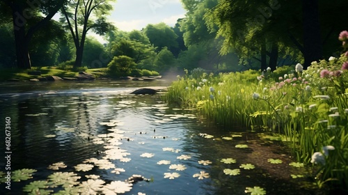 a river with lily pads and flowers photo
