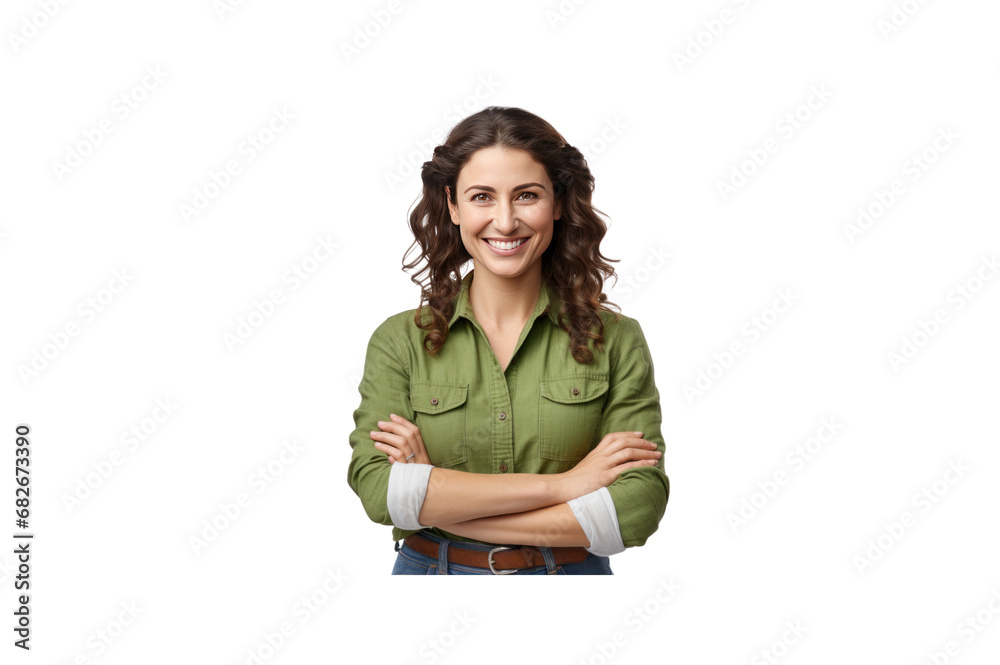 A female farmer stands with her arms crossed and smiles at the camera A female farmer stands with her arms crossed and smiles at the camera