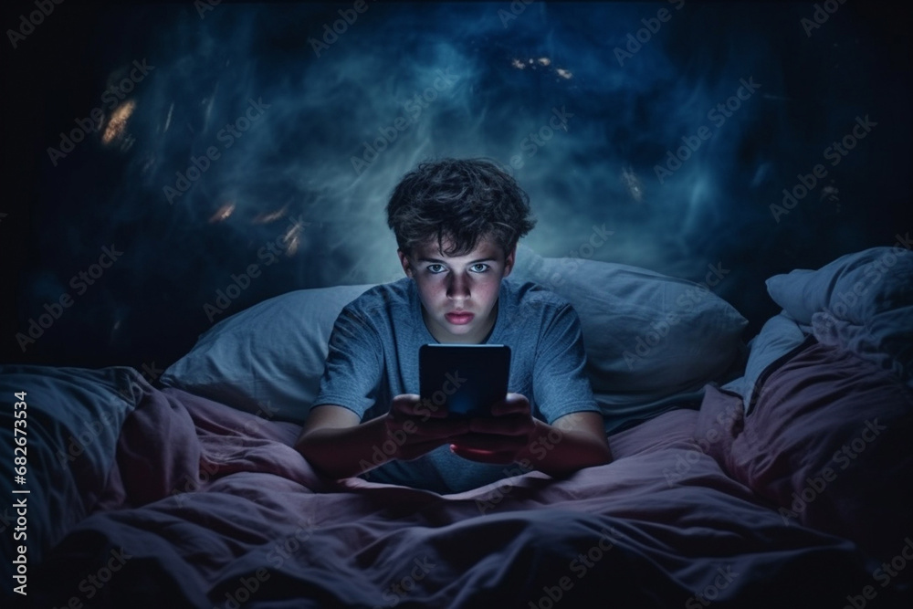 A male teeanger face under blue lights from mobile phone. A boy focuses on a smartphone in his hands while laying in bed with no lights on. Generative AI. - obrazy, fototapety, plakaty 