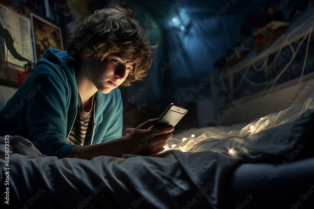 A male teeanger face under blue lights from mobile phone. A boy focuses on a smartphone in his hands while laying in bed with no lights on. Generative AI. A male teeanger face under blue lights from mobile phone. A boy focuses on a smartphone in his hands while laying in bed with no lights on. Generative AI.