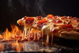 Delicious pizza floating in the air , with copy space, beautiful background Generative AI