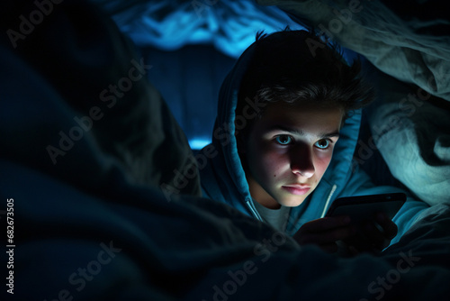 A male teeanger face under blue lights from mobile phone. A boy focuses on a smartphone in his hands while laying in bed with no lights on. Generative AI.