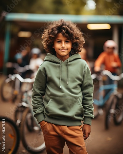 Indian kid boy wearing mint colour hoodies on bicycles