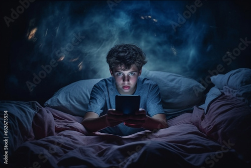 A male teeanger face under blue lights from mobile phone. A boy focuses on a smartphone in his hands while laying in bed with no lights on. Generative AI.