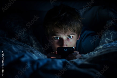 A male teeanger face under blue lights from mobile phone. A boy focuses on a smartphone in his hands while laying in bed with no lights on. Generative AI. photo