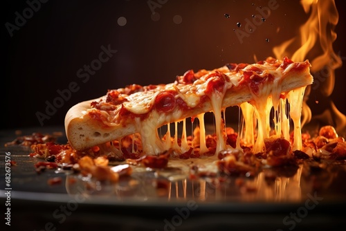 Delicious pizza floating in the air , with copy space, beautiful background Generative AI