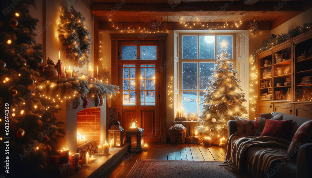 暖かいリビングルームでの心地よい冬の夜：雪が降るクリスマスの風景