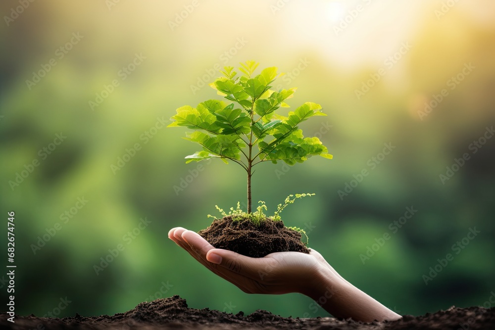 World environment day concept: Human hands holding big tree over blurred abstract beautiful green nature background - obrazy, fototapety, plakaty 