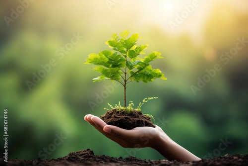 World environment day concept: Human hands holding big tree over blurred abstract beautiful green nature background photo