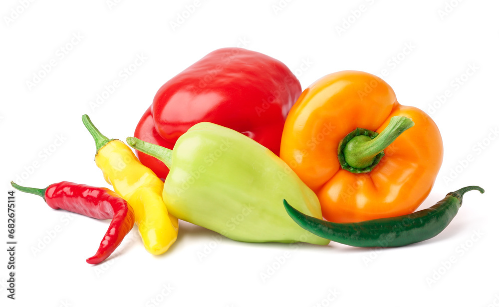 Colorful chili and bell peppers on white background.