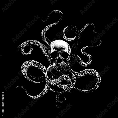 skull with tentacles hand drawing vector isolated on black background.