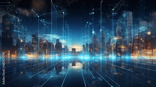 Futuristic tech city at night. Abstract science or technology background of quantum computing system and high speed global data transfer. Big data visualization. Horizontal image photo