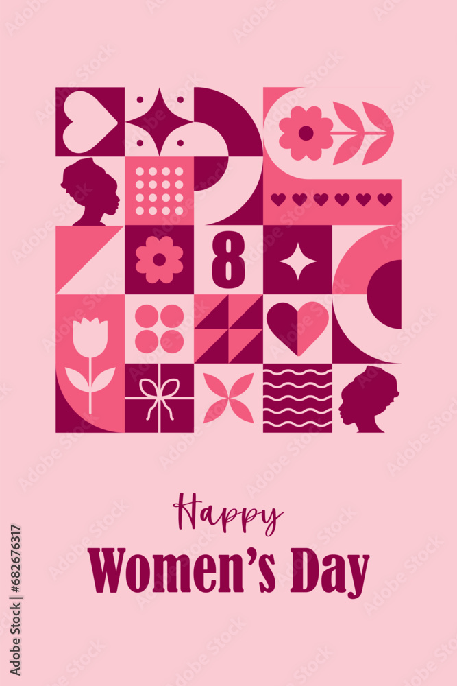 International womens day card. Abstract background for 8 march. Modern neo geometric pattern. Vector illustration in trendy bauhaus style. Template for postcards, invitations or web design.