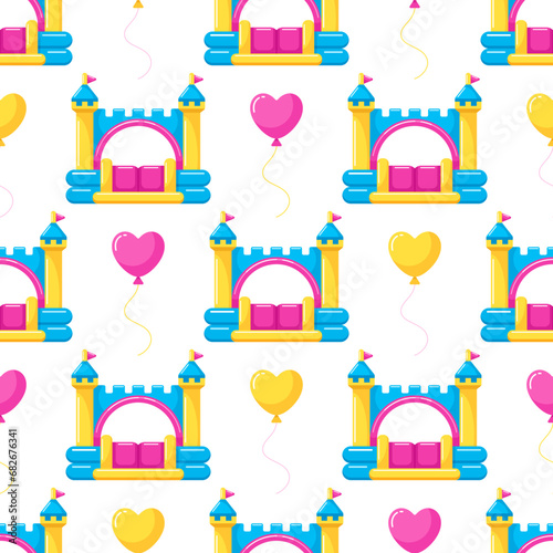 Seamless pattern with bounce houses or swimming pools for children's summer games, kids background with inflatable castles and balloons in heart shape. Vector flat cartoon colorful illustration