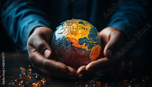 Hands cradling a colorful globe with a dark, bokeh background
