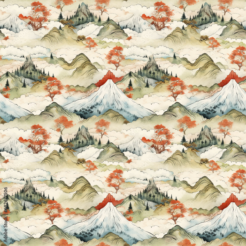 Fototapeta premium 和風の山の水彩イラスト シームレス背景素材