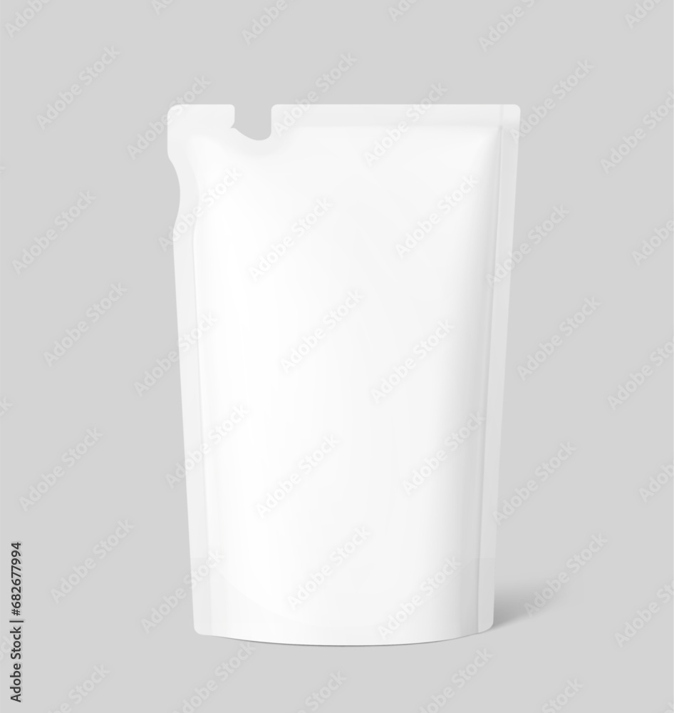Pouch bag with torn curve corner. Vector illustration isolated on grey background. Perfect for final pack shot. Can be use for refilling soap, liquids. The corner is easy to tear off by hand. EPS10. Pouch bag with torn curve corner. Vector illustration isolated on grey background. Perfect for final pack shot. Can be use for refilling soap, liquids. The corner is easy to tear off by hand. EPS10.