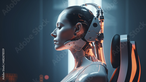 3d rendered illustration of a cyborg sitting on a chair with cables plug-in to the brain of this AI cyborg looking striaght. photo