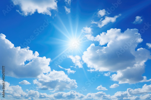 Background of blue sky and white clouds with the sun