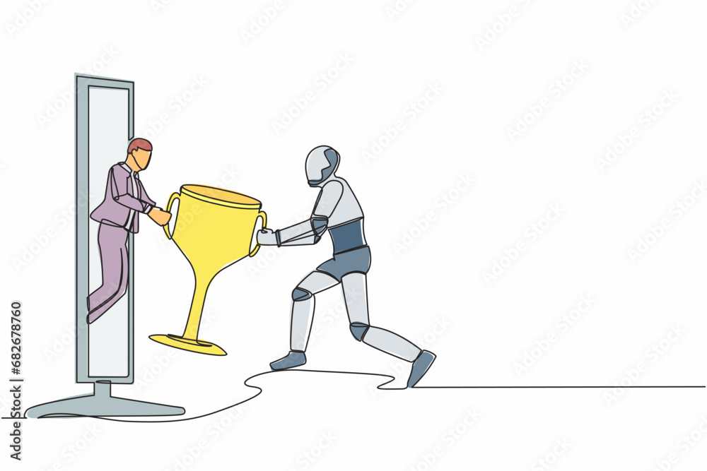 Continuous one line drawing of young male giving trophy to robot from computer screen. Winning, leadership, achievement. Future robotic development. Single line draw design vector graphic illustration