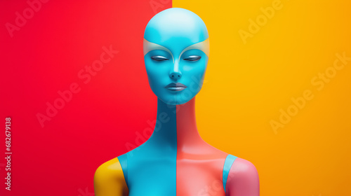 Isolated naked female mannequin with multicolored pattern to accentuate curves - minimalist studio background, feminine concept of health and body positivity. 