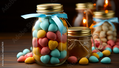 Colorful almond candies in glass jars with satin ribbons and candlelight