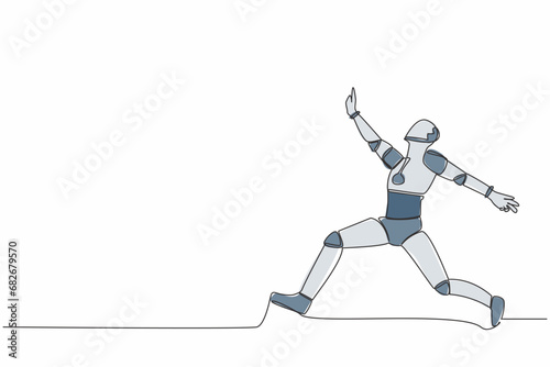 Single one line drawing of happy robot jumping with spreads both legs and raise one hand. Future artificial intelligence. Modern technology industry. Continuous line graphic design vector illustration