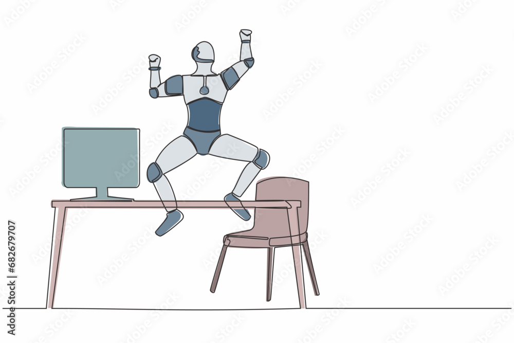 Single continuous line happy robot jumping with raised hands near desk workplace. Modern robotic development. Artificial intelligence machine learning process. One line draw design vector illustration Single continuous line happy robot jumping with raised hands near desk workplace. Modern robotic development. Artificial intelligence machine learning process. One line draw design vector illustration