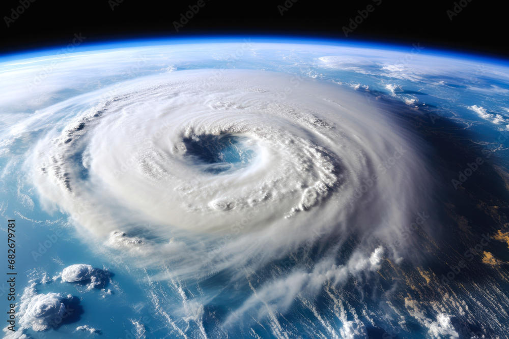 Swirling hurricane viewed from space, concept of global warming weather changing