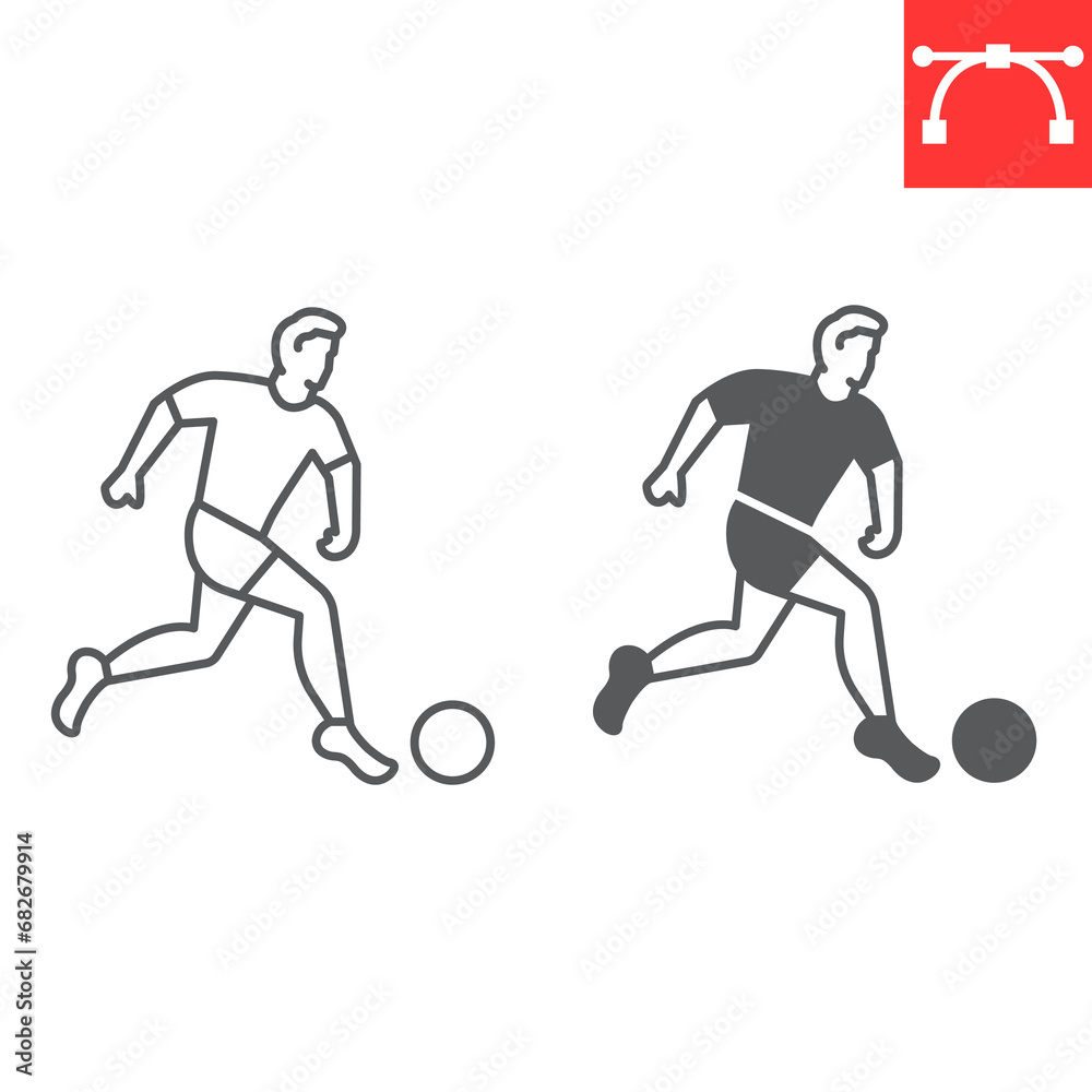 Soccer player line and glyph icon, sport and man with ball, football player vector icon, vector graphics, editable stroke outline sign, eps 10.