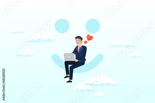 Happy businessman working with computer laptop on smile face with lovely heart metaphor of happiness and joyful, work happiness, enjoy working or career satisfaction, loving job or passion (Vector)