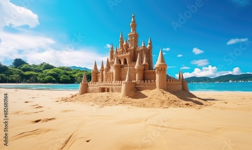 A Majestic Sand Castle Standing Proudly on a Serene Beach © uhdenis