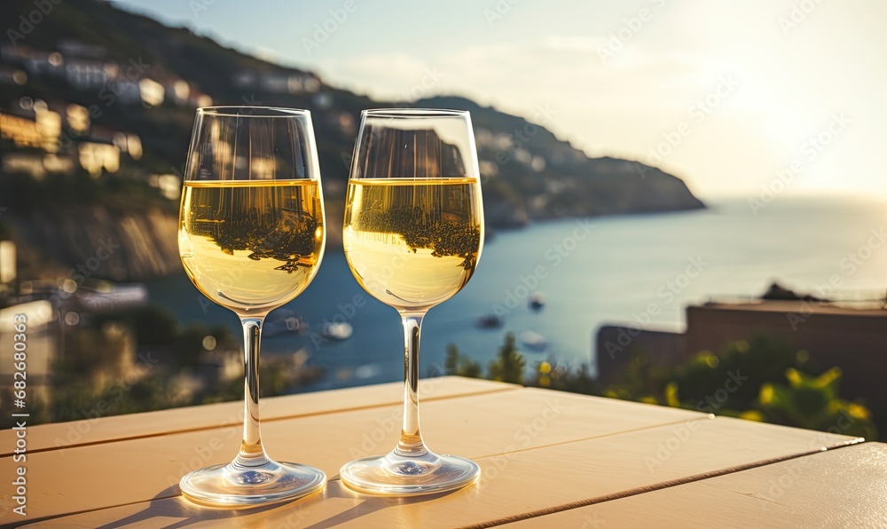 Two Glasses of Crisp, Chilled White Wine on a Polished Wooden Table Two Glasses of Crisp, Chilled White Wine on a Polished Wooden Table