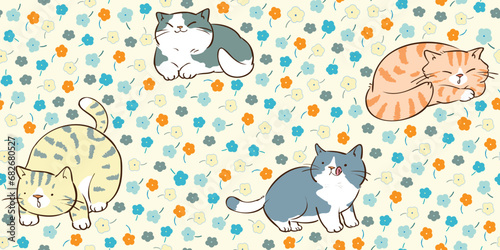 Seamless Pattern with Cartoon Cat and Hand Drawn Flower Design on Light Yellow Background