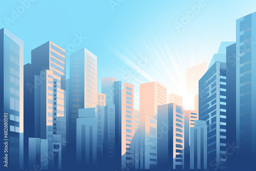 Minimal colorful graphic illustration art of tall building cityscape on a clear blue sky background. Generative AI.